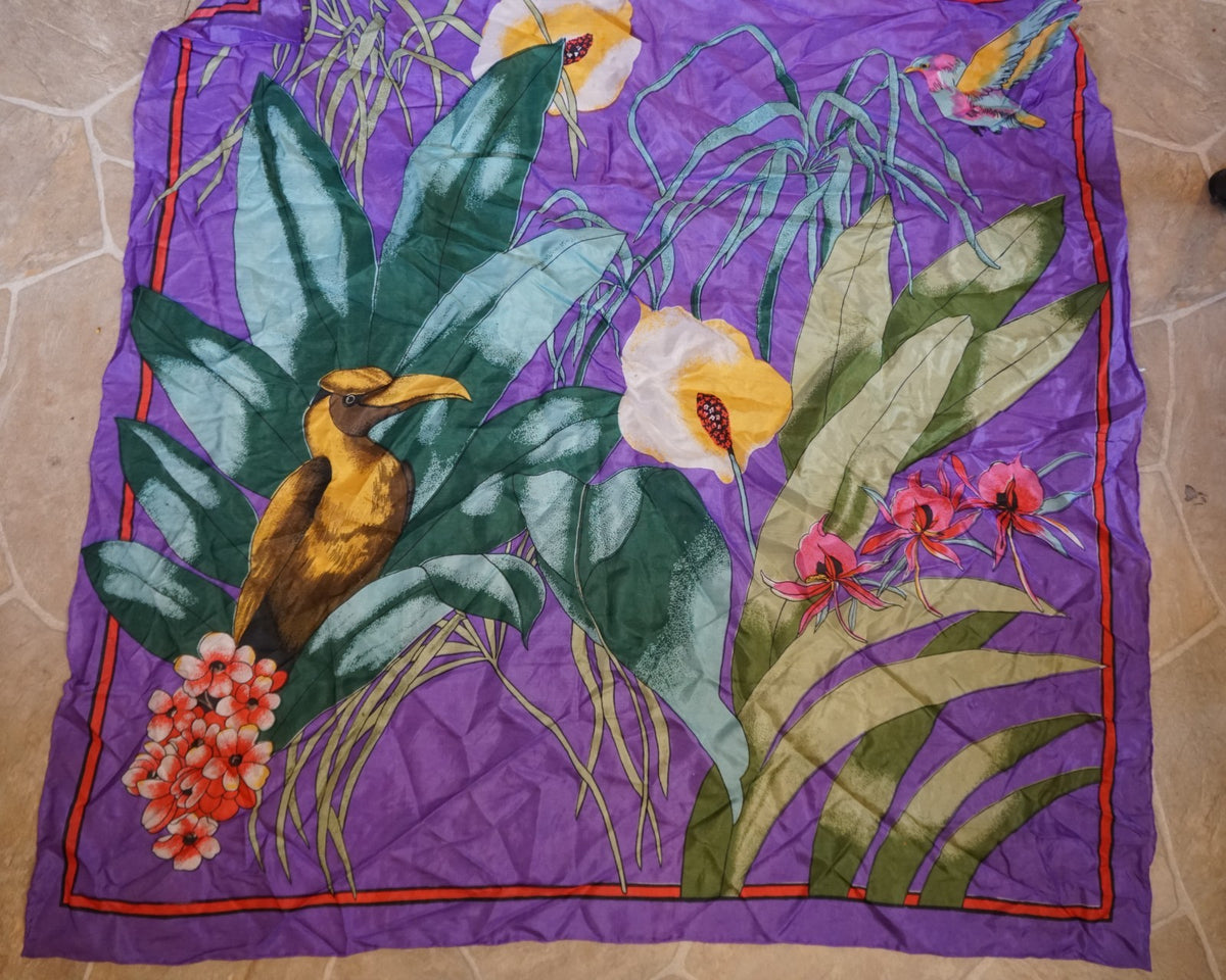 Unsigned Kalvin Klem Tropical Birds Flowers Purple Silk Scarf 1980s