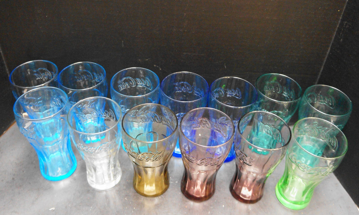 Libbey Coca-Cola Glasses 16 oz Colors Set of 13 Blue Green Purple Brown Clear