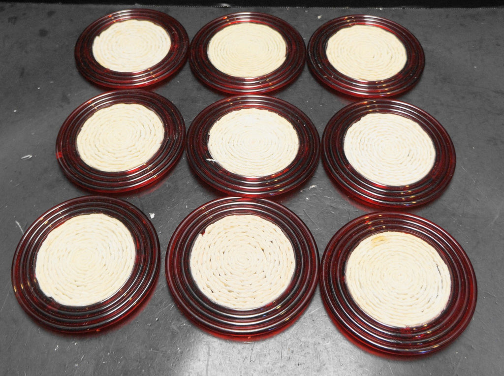 Ruby Red Lucite Acrylic Plastic Round Coasters White Swirl Centers Set of 9