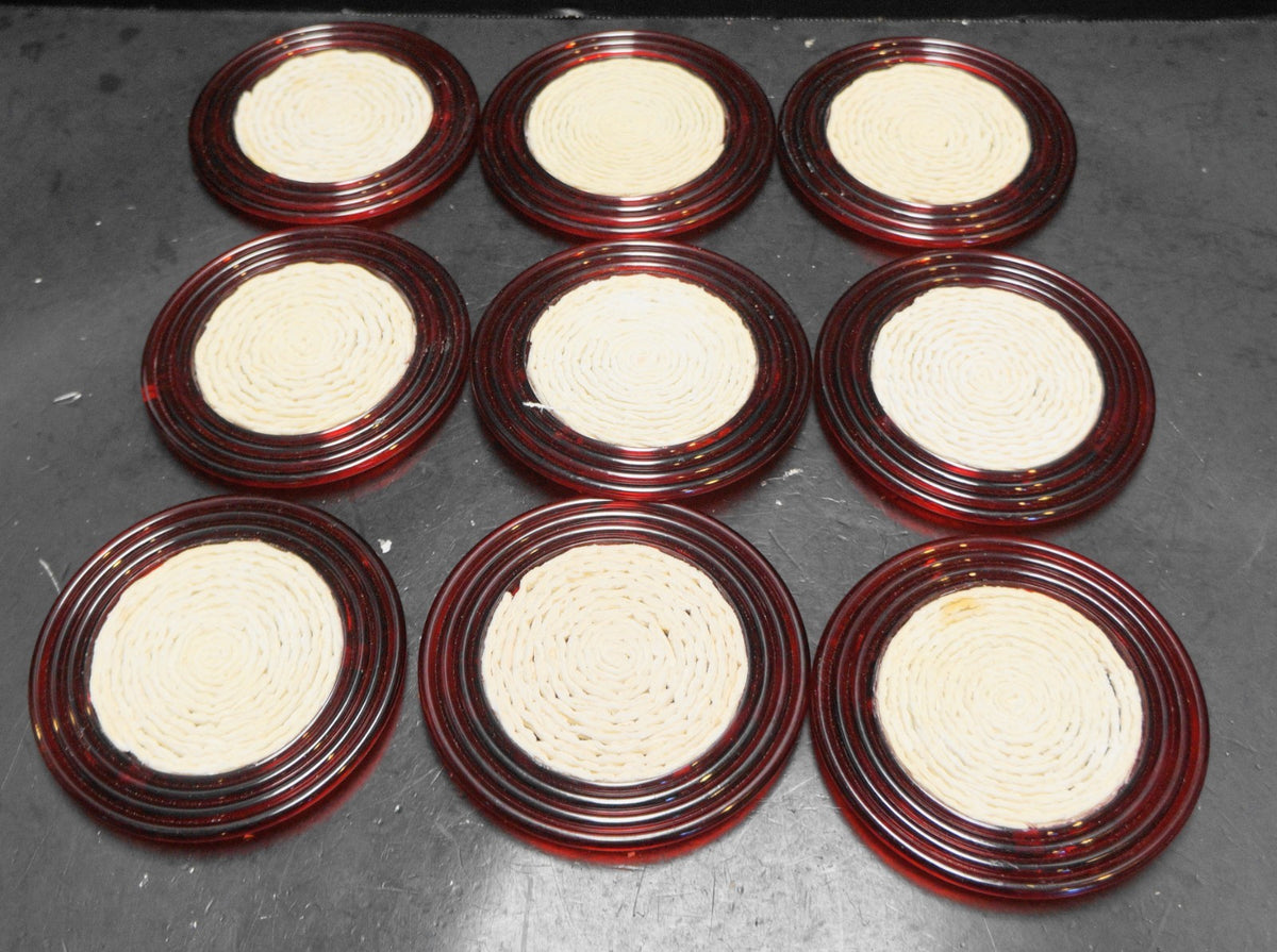 Ruby Red Lucite Acrylic Plastic Round Coasters White Swirl Centers Set of 9