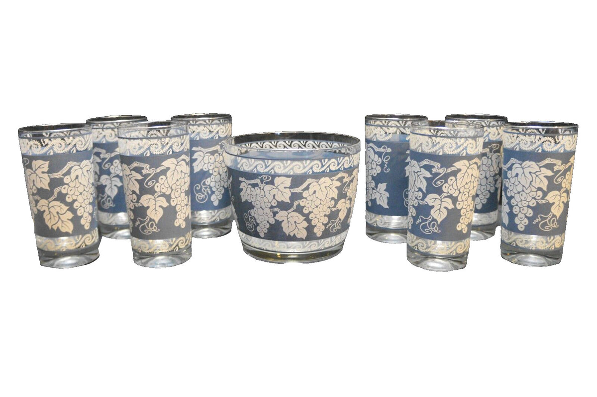 Colony Glass Blue White Grapes Ice Bucket 8 Tumblers Set