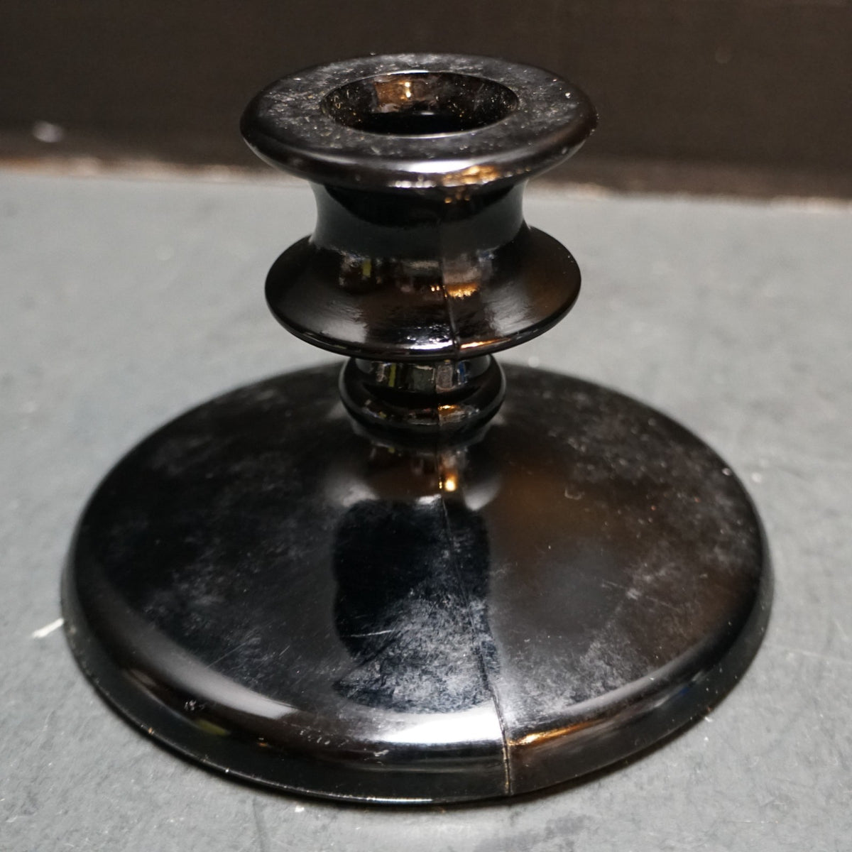 Black Glass Candle Stick Holder Single Light Depression Art Deco