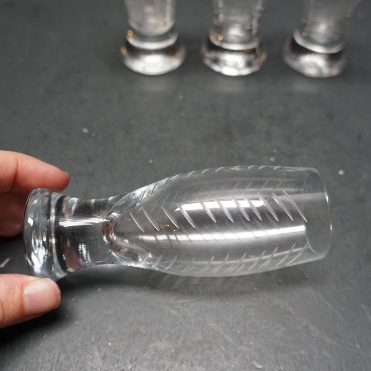 Mikasa Cheers Selections Cut Glass Shot Glasses Set of 4 Cut Angle Chevrons