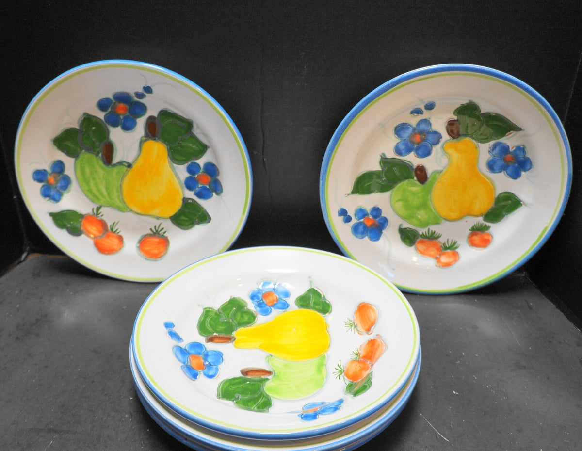Himark Portugal Hand Painted Fruit Flowers Dinner Plates Terra Cotta