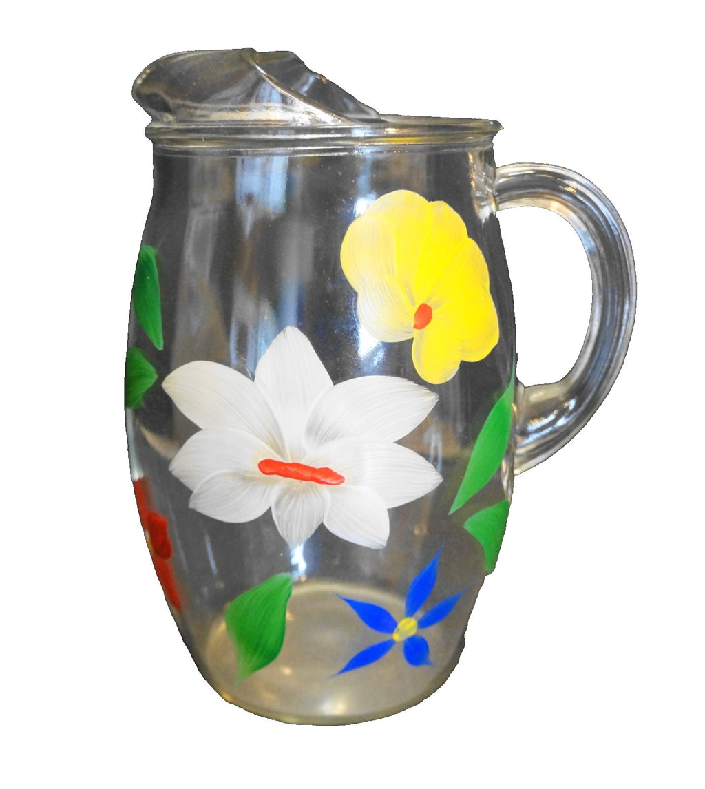 Bartlett Collins Gay Fad Flowers Floral Hand Painted Clear Pitcher Ice Lip 9 IN