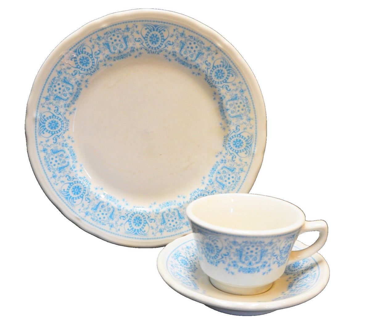 Shenango China Turquoise Blue Medallion Restaurant Ware Cup Saucer Plate