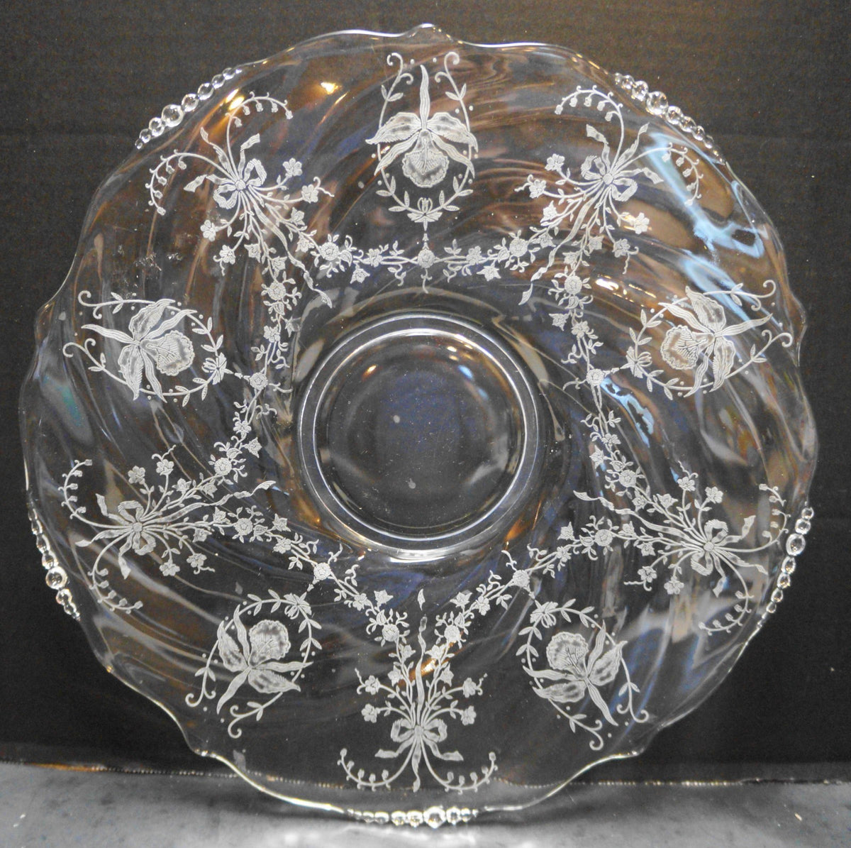 Heisey Orchid Etch Waverly Blank Swirl Scalloped Sandwich Torte Platter Tray