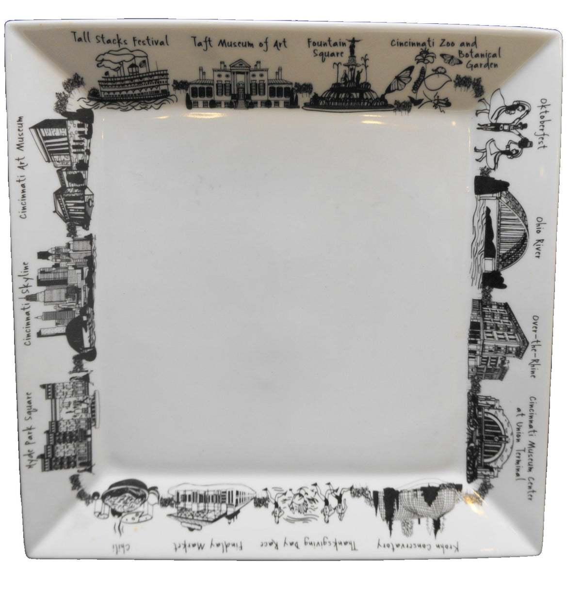 Cincinnatti Skyline The Dish Large Square Plate 10 1/2" Black White