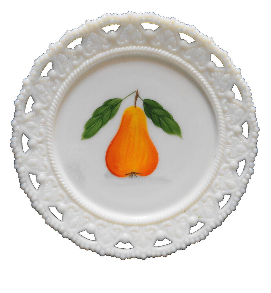 Kemple White Milk Glass Hand Painted Pear Lace Edge Hearts Beaded Plate