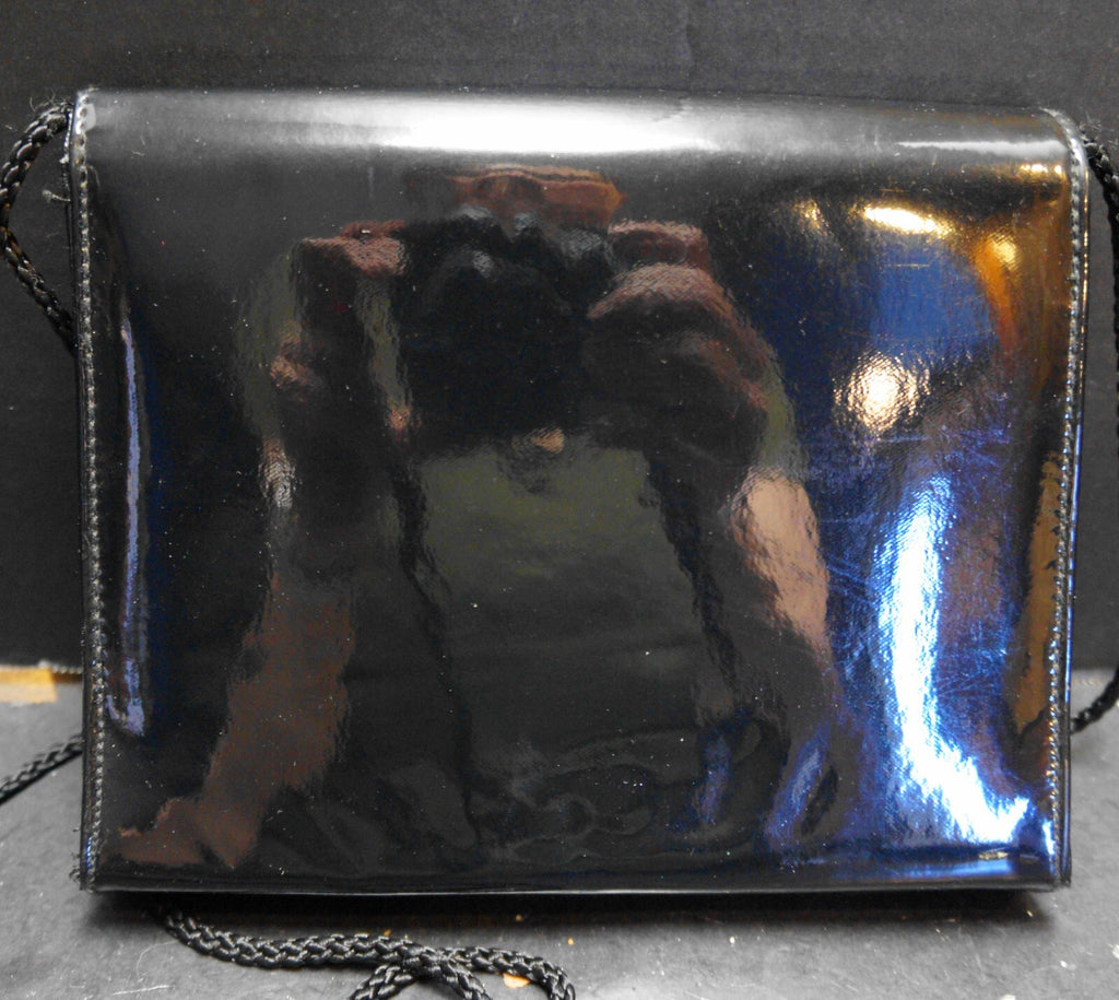 City Nights Black Patent Evening Bag Diagonal Velvet Stripe Flap