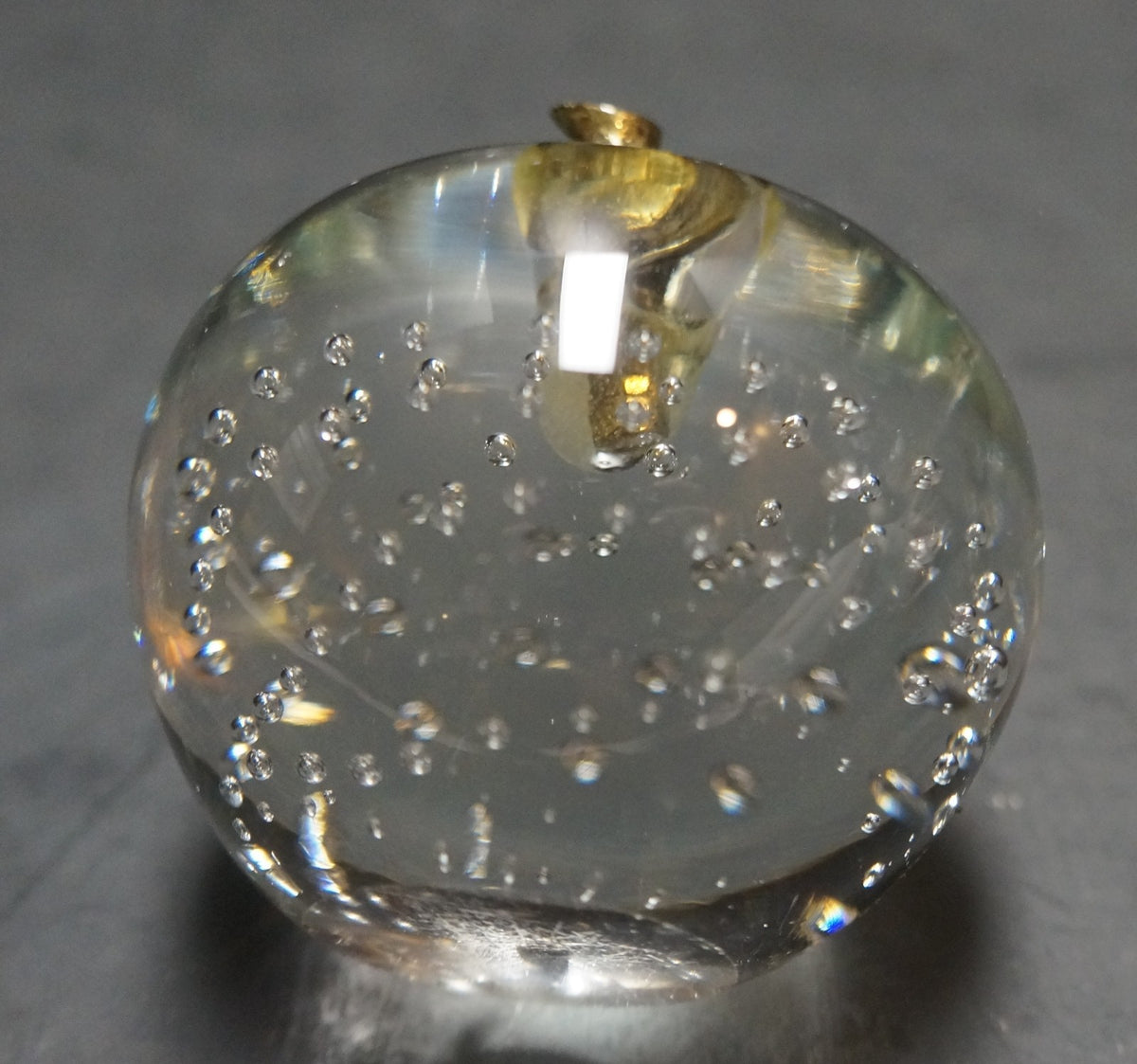 Apple Clear Glass Controlled Bubble Paperweight Brass Stem