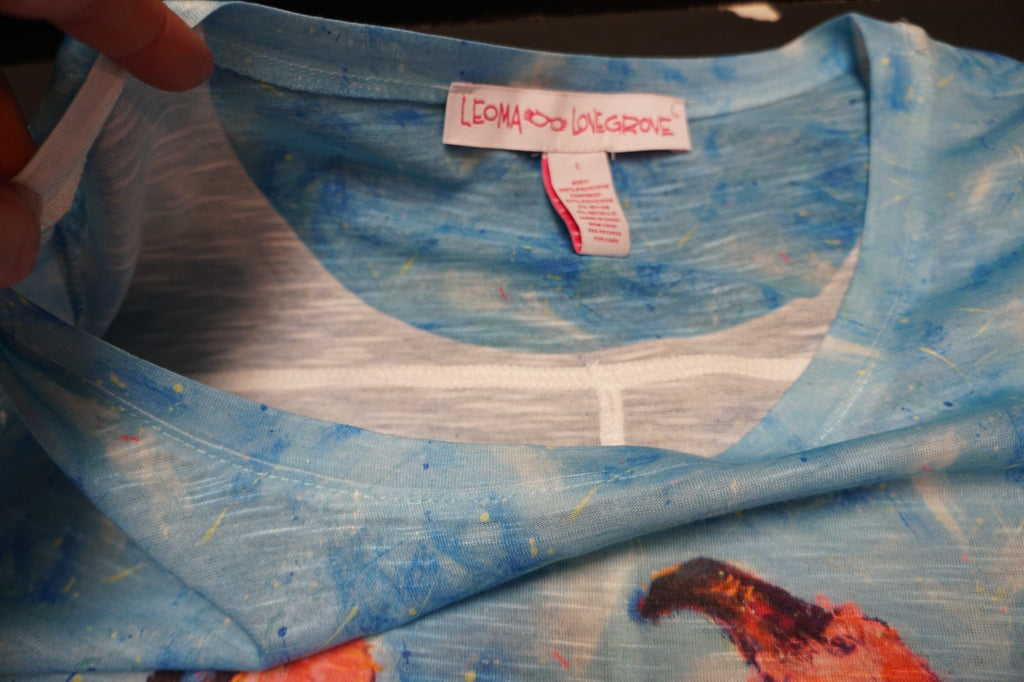 Leoma Lovegrove Flamingos Women's Top Shirt Size Large L Scoop Neck Blue Pink