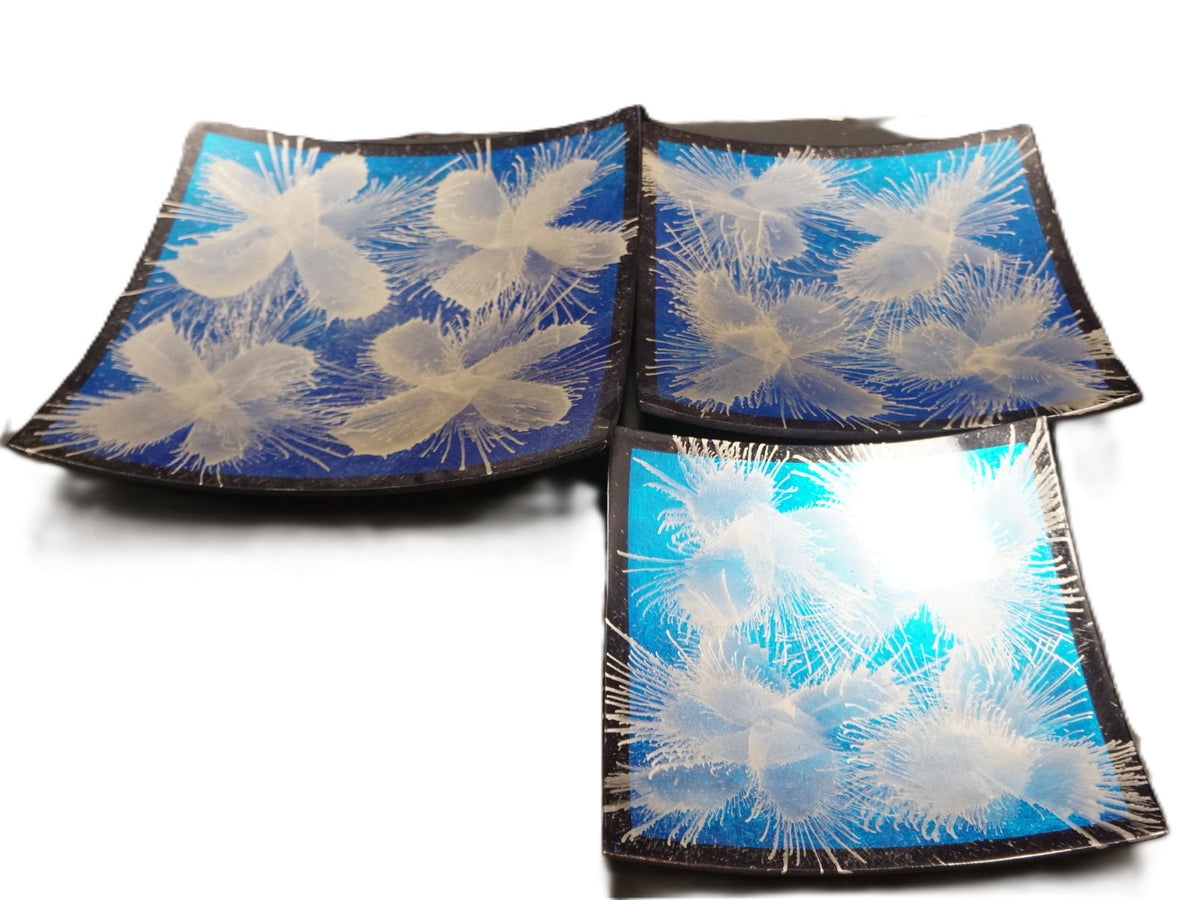 Blue Silver Black Japanese Lacquerware Square Graduated Trio Plates