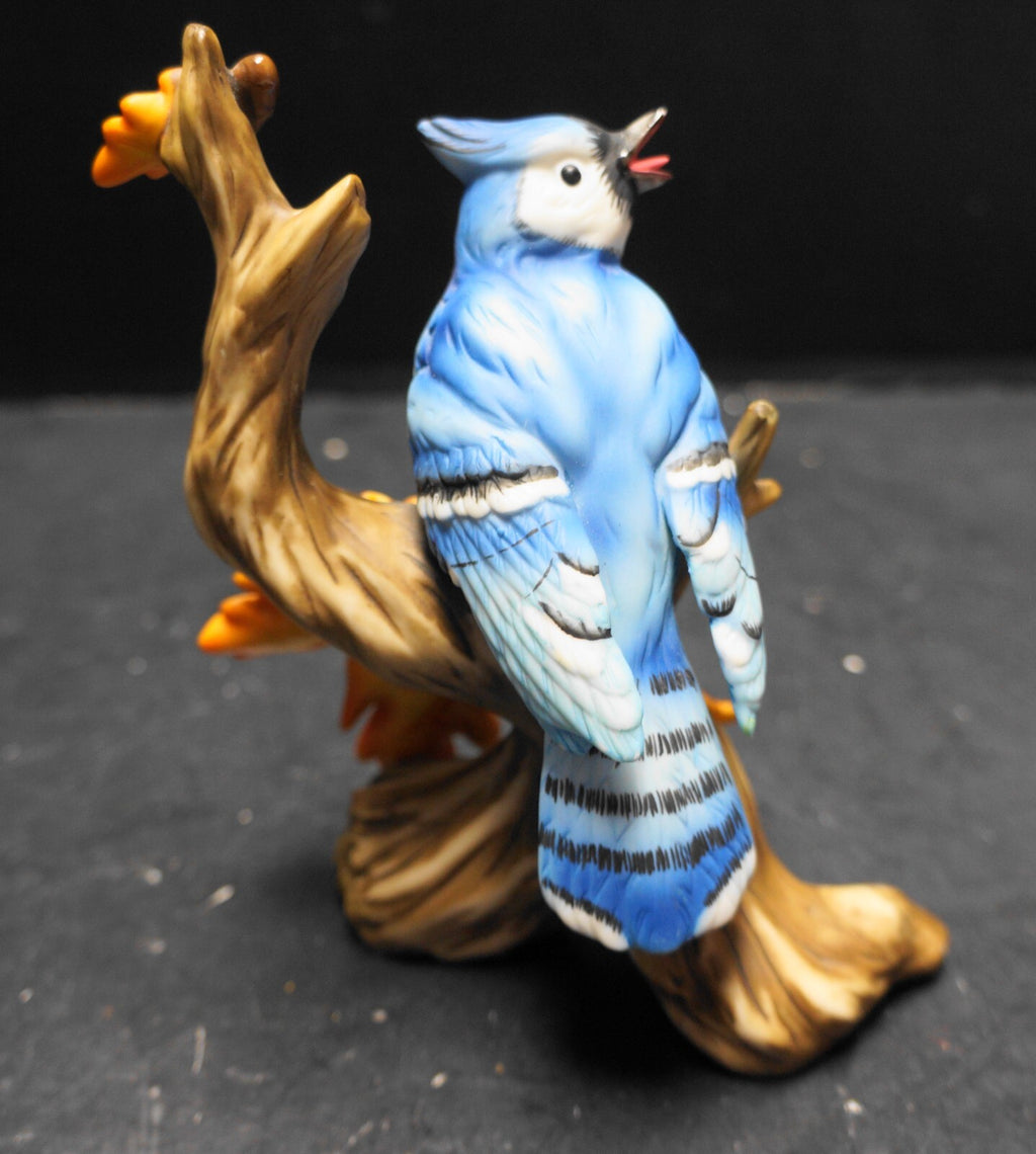 Blue Jay Figurine Hand Painted Autumn Leaves Branch