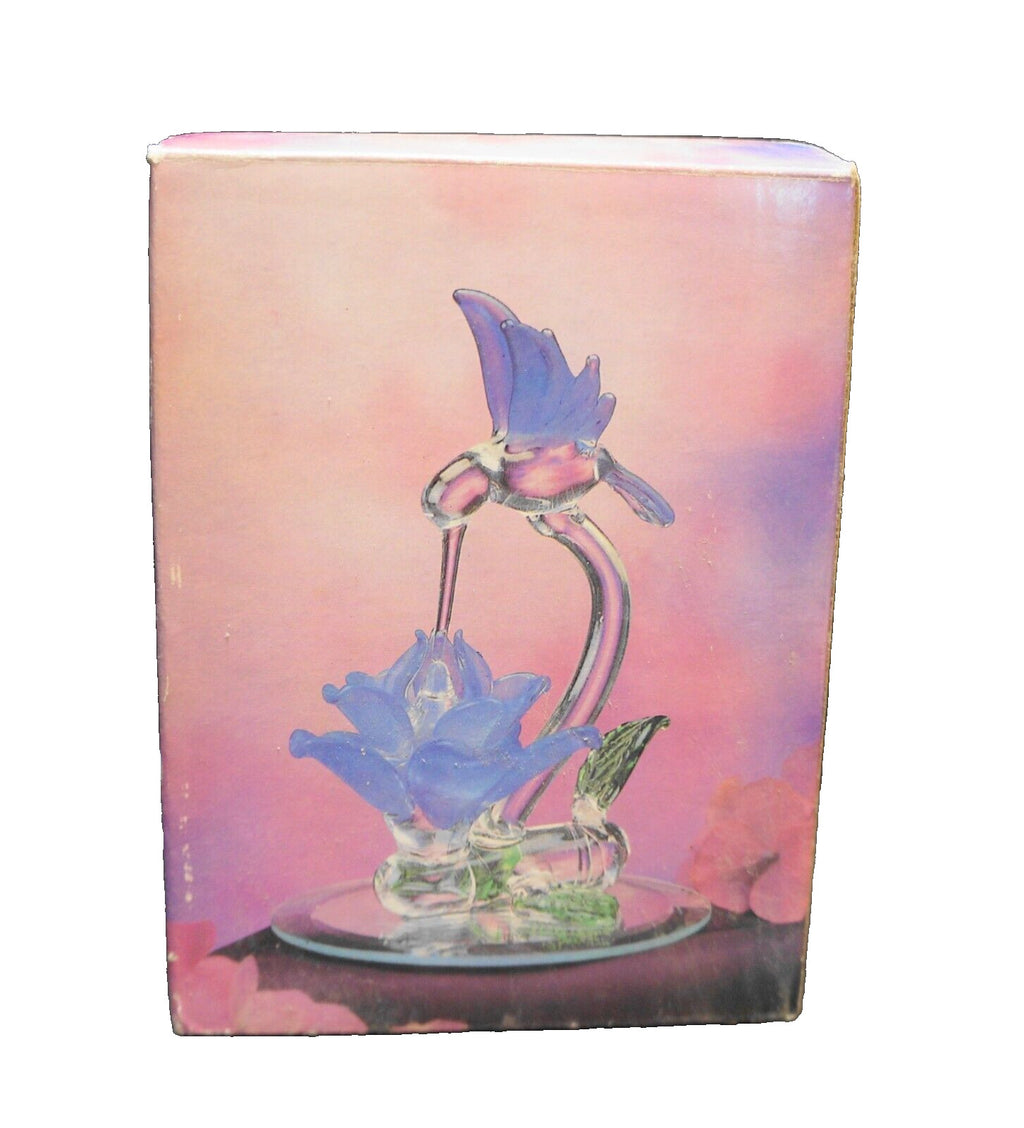 Vintage Blown Art Glass Hummingbird Blue Frosted Flower Figurine on Mirror Base