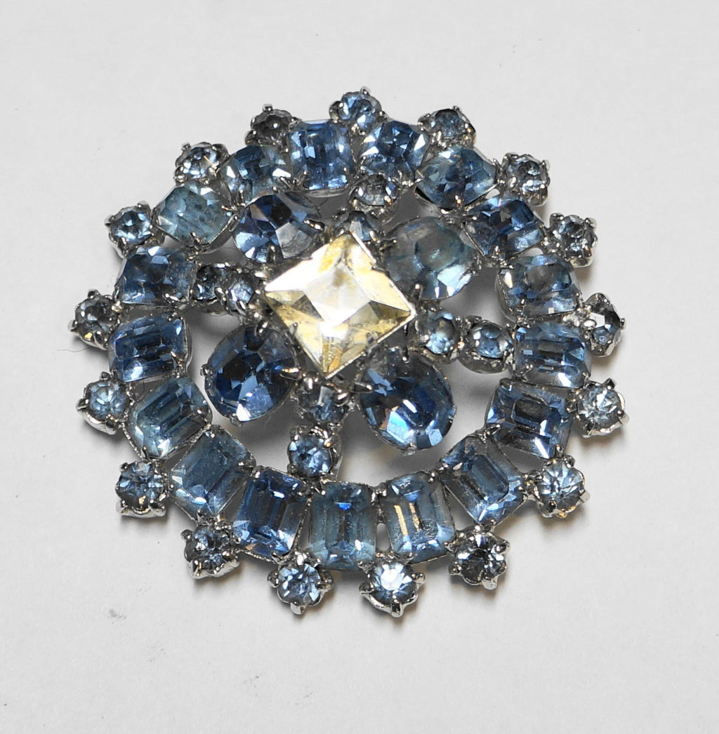 Ice Blue Clear Rhinestone Round Domed Brooch Pin Unsigned