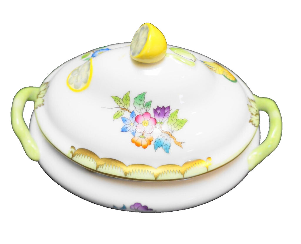 Herend Queen Victoria Green Trim Butterflies Flowers Mini Tureen Lemon Knob