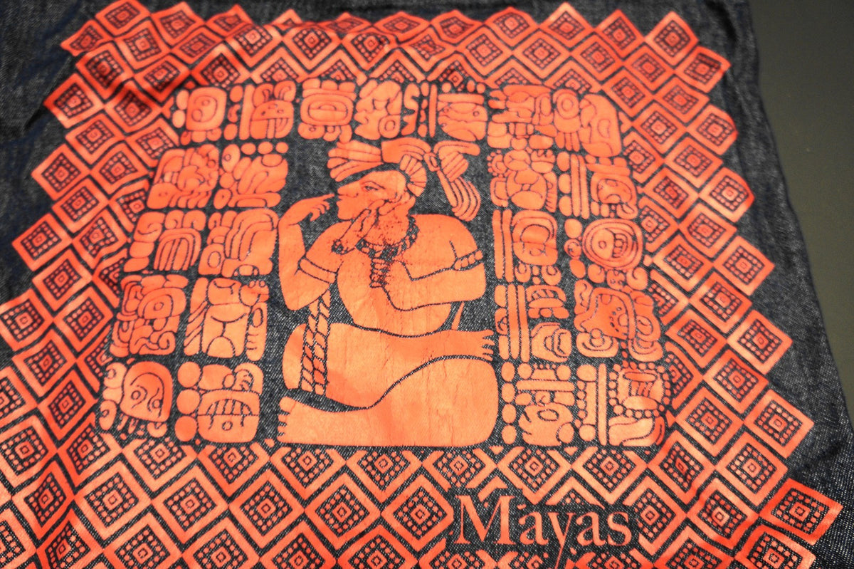 Red Mayan Print Design Dark Blue Denim Tote Bag