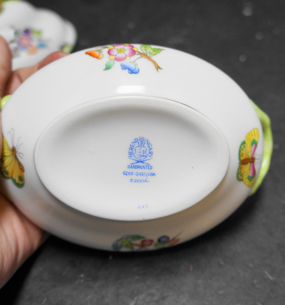 Herend Queen Victoria Green Trim Butterflies Flowers Mini Tureen Lemon Knob