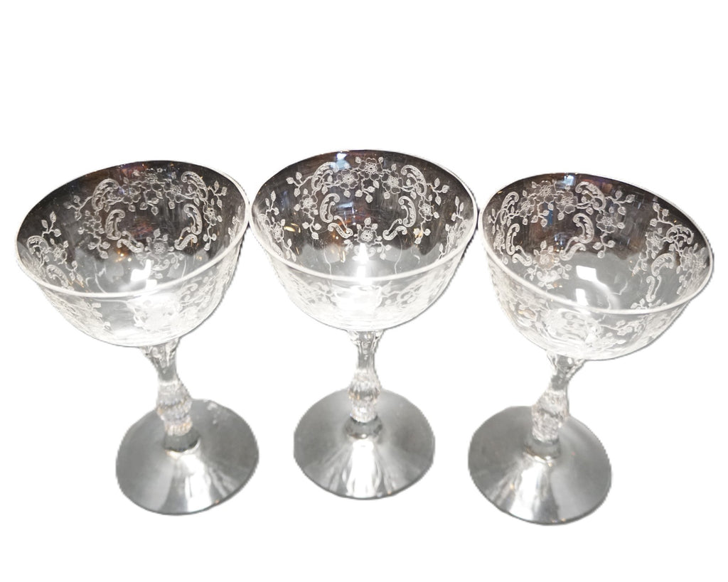 Fostoria Baroque Meadow Rose Etch Champagne Coupes Tall Sherbets Set of 3