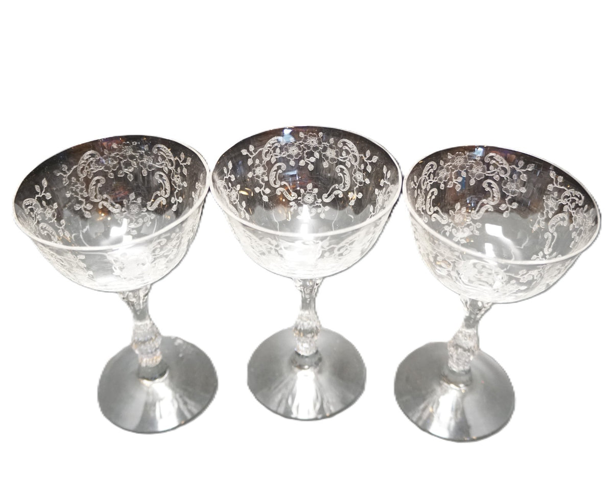 Fostoria Baroque Meadow Rose Etch Champagne Coupes Tall Sherbets Set of 3