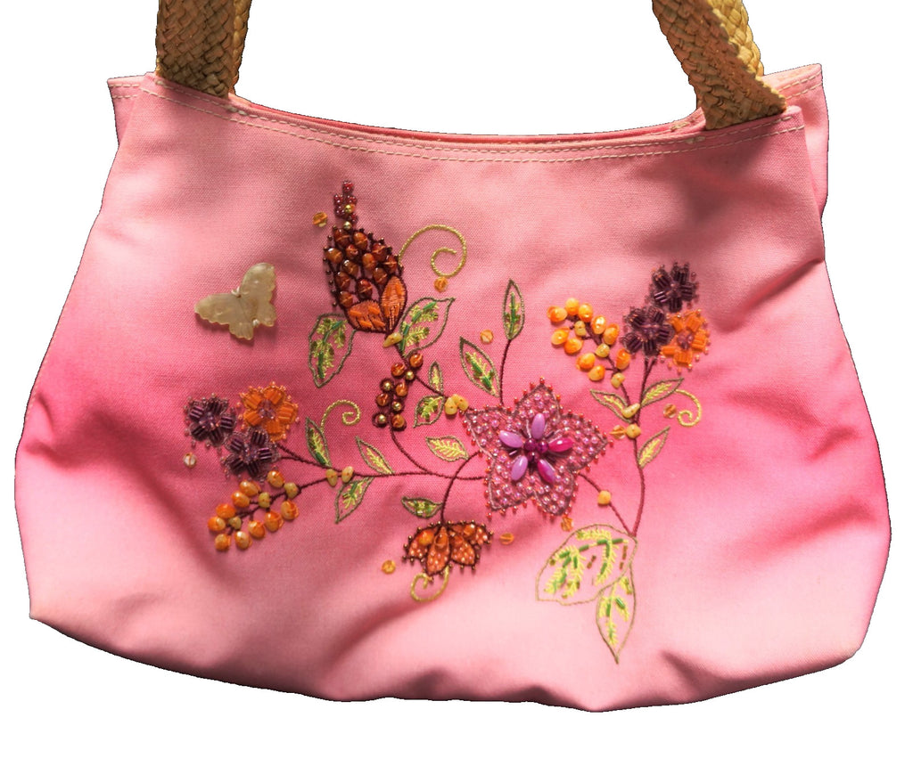 Nine West Pink Ombre Canvas Purse Shoulder Bag Embroidered Beaded Flowers