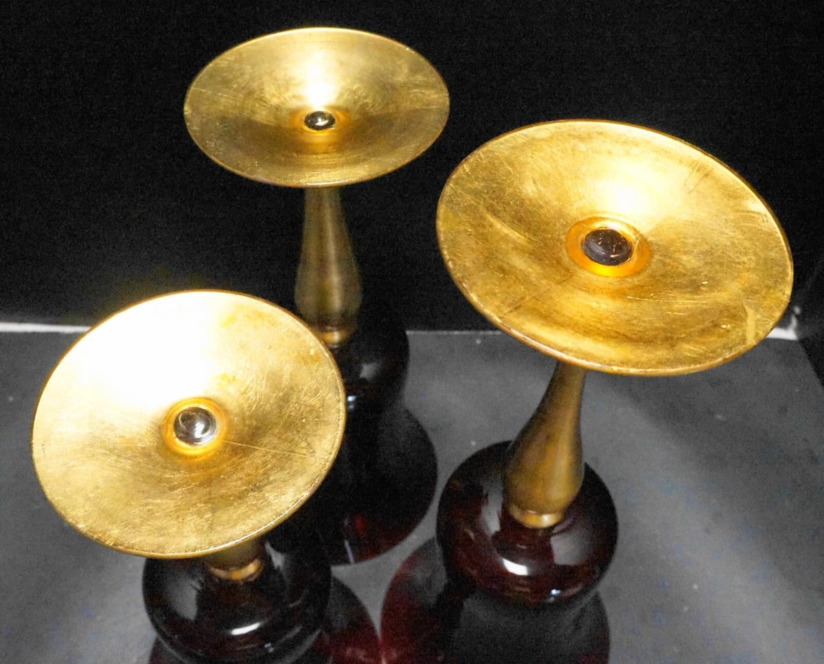 Ruby Red Glass Gold Painted Stems Candle Holders Trio Large Goblet Style