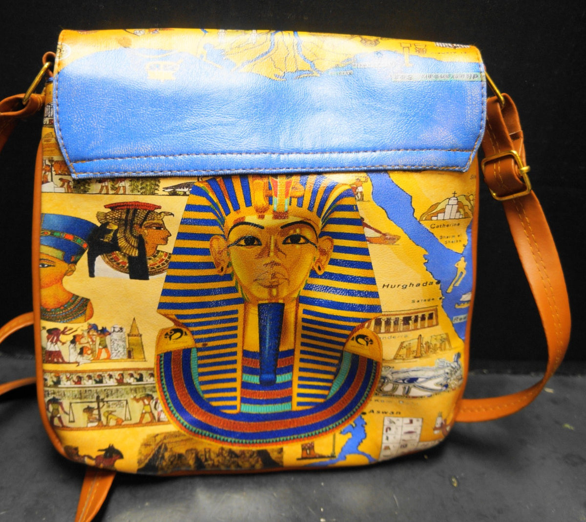 King Tut Pharoah Egypt Printed Purse Blue Gold Brown Vinyl
