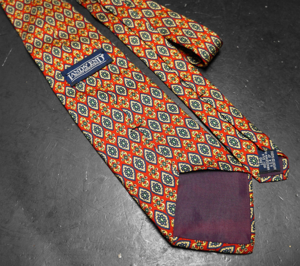 Land's End Direct Merchants Silk Tie Red Medallion Print Long