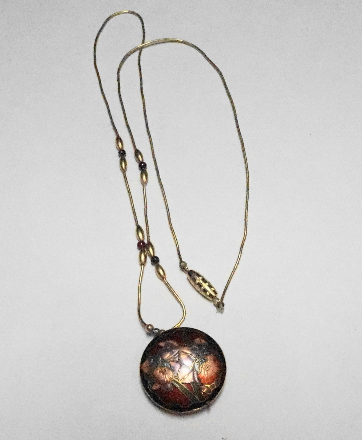 Vintage Cloisonne Round Pendant Floral Red Purple Gold Tone Beads Necklace