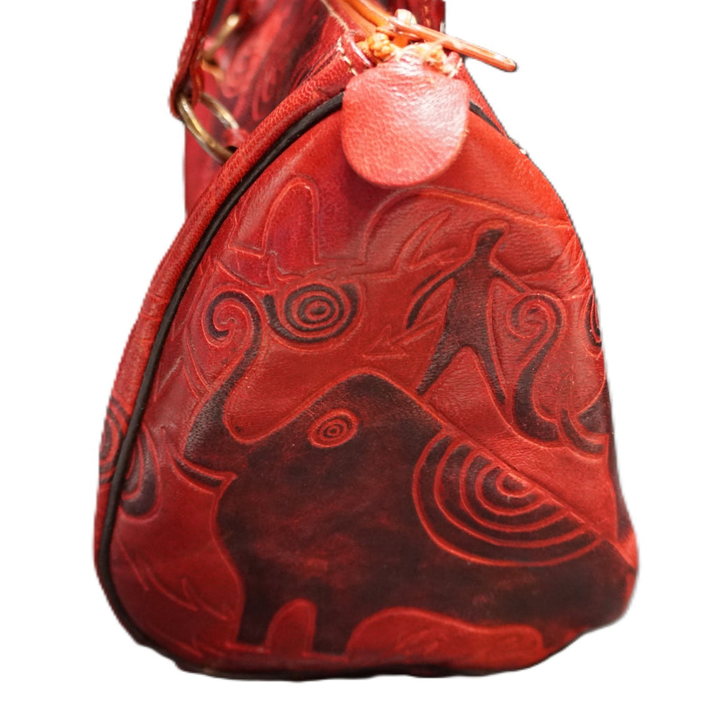Vintage Elephant Design Tooled Leather Dark Red Satchel Purse Double Handle Made in India