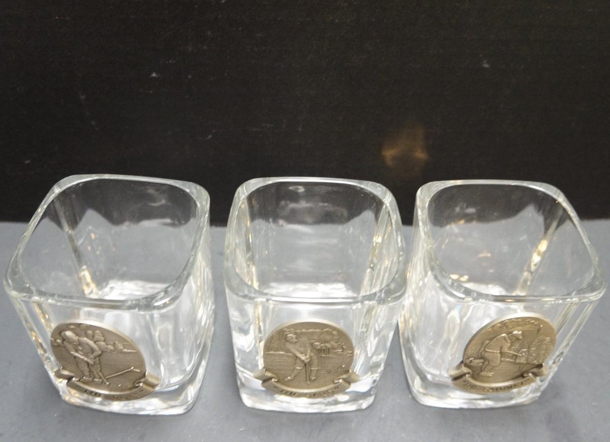 Fort USA Golf Rocks Tumblers Glasses Pewter Medallions Set of 3