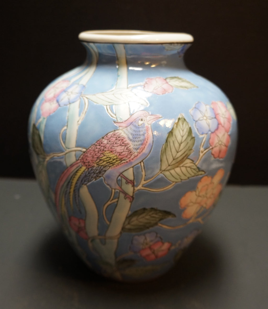 WBI Chinese Ceramic Hand Painted Enamel Vase Flowers Bird of Paradise Blue Pink