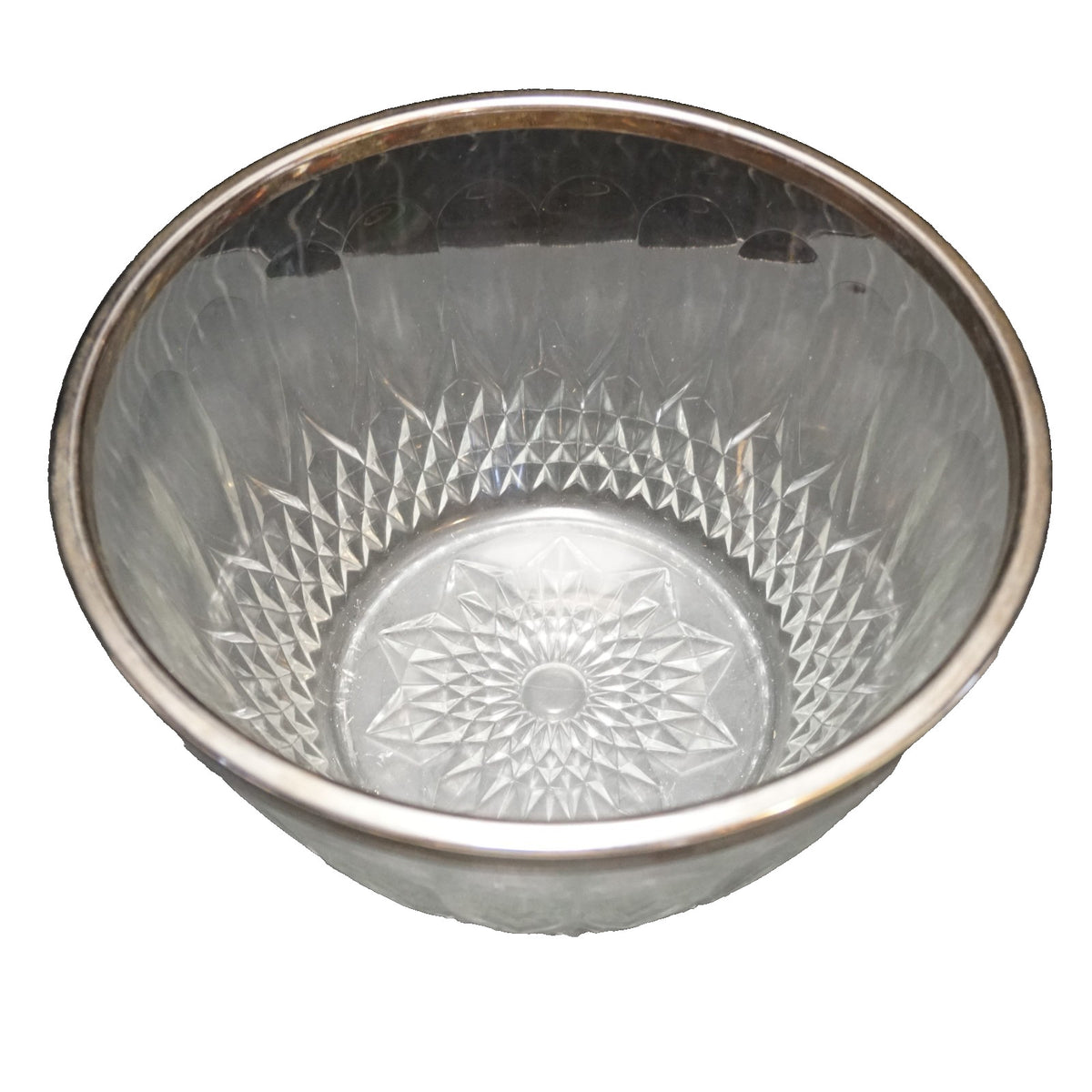 Reims Clear Glass Pressed Diamonds Silver Rim Serving Bowl 9 IN