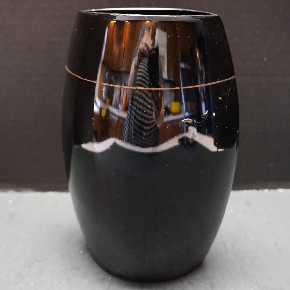Paden City Black Ebony Glass Pillow Vase Faded Gold Decoration