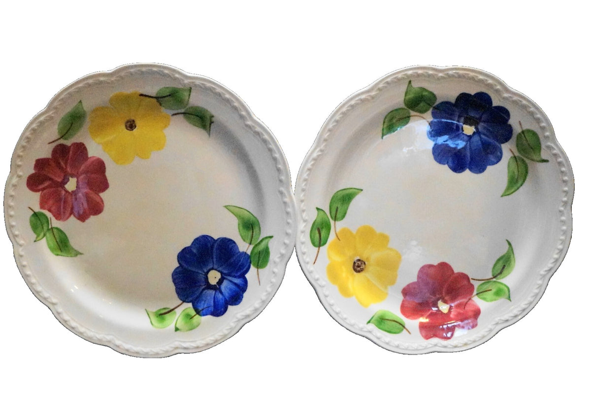 Stetson Heritage Ware Red Yellow Blue Hand Painted Flowers Dinner Plates Pair