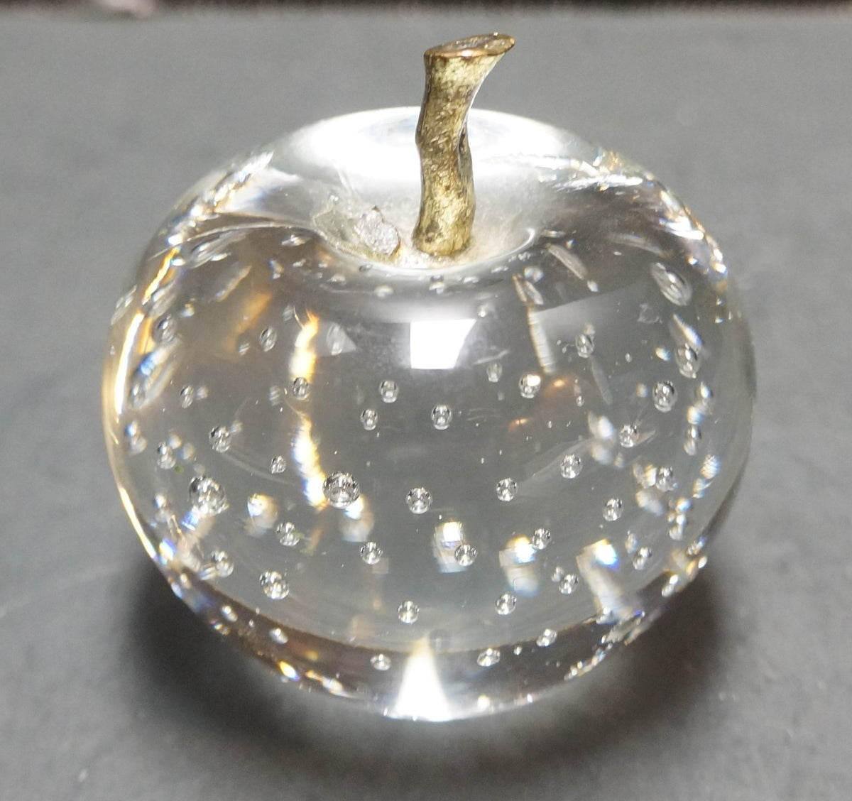 Apple Clear Glass Controlled Bubble Paperweight Brass Stem