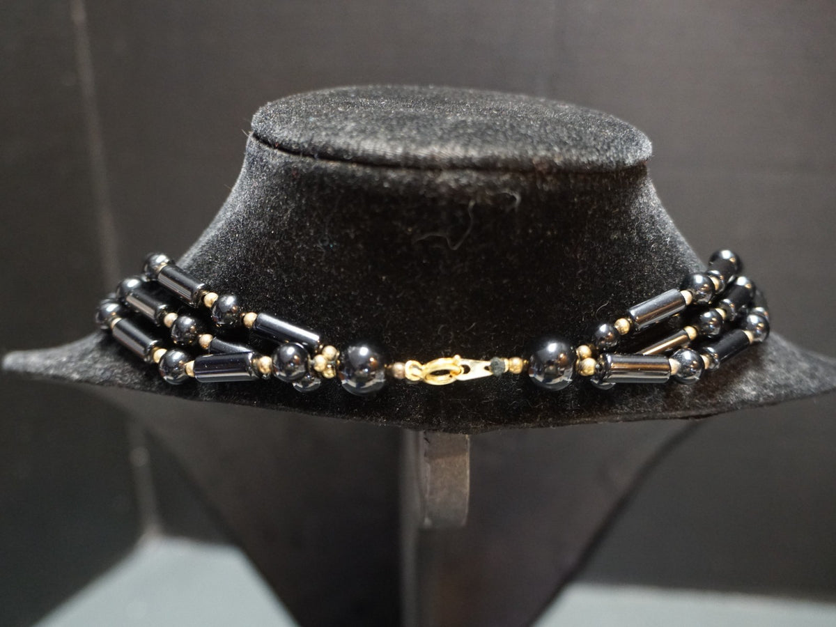 Vintage Black Lucite Tube Ball Beads Triple Strand Necklace
