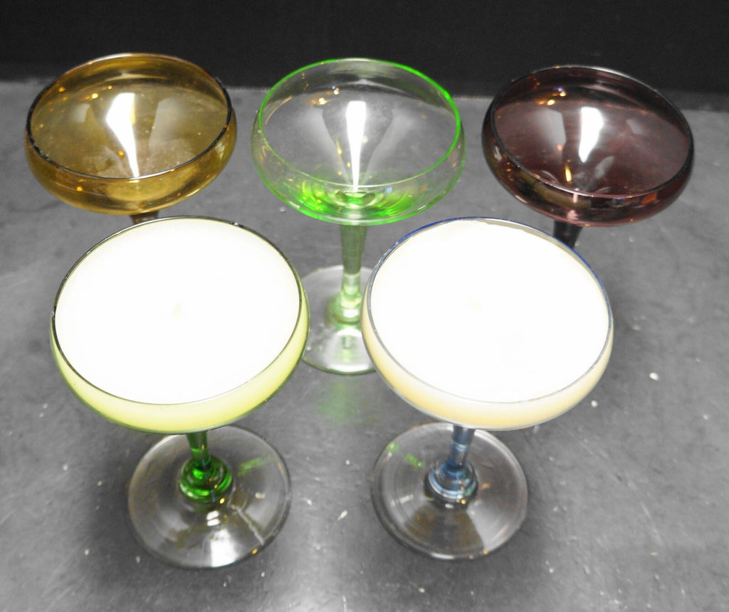 MCM Champagne Cocktail Coupe Glasses Colors Blue Green Purple Brown Set of 4
