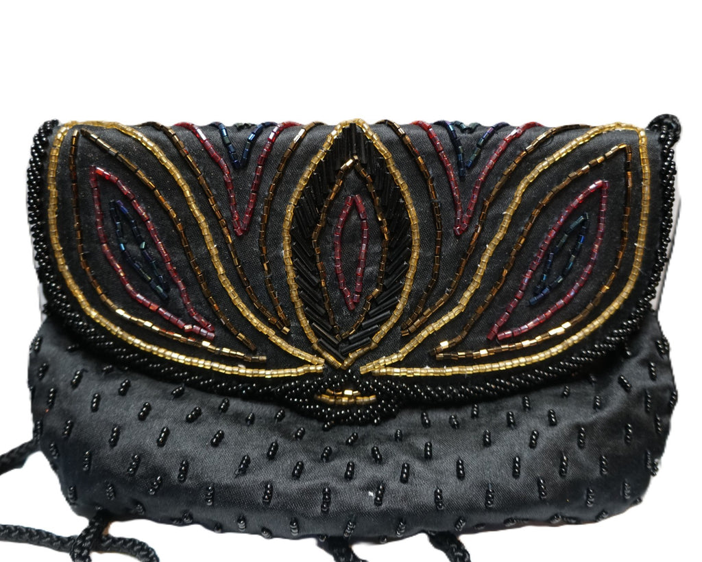 Black Satin Beaded Lotus Flowers Evening Bag Purse