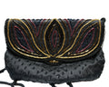 Black Satin Beaded Lotus Flowers Evening Bag Purse