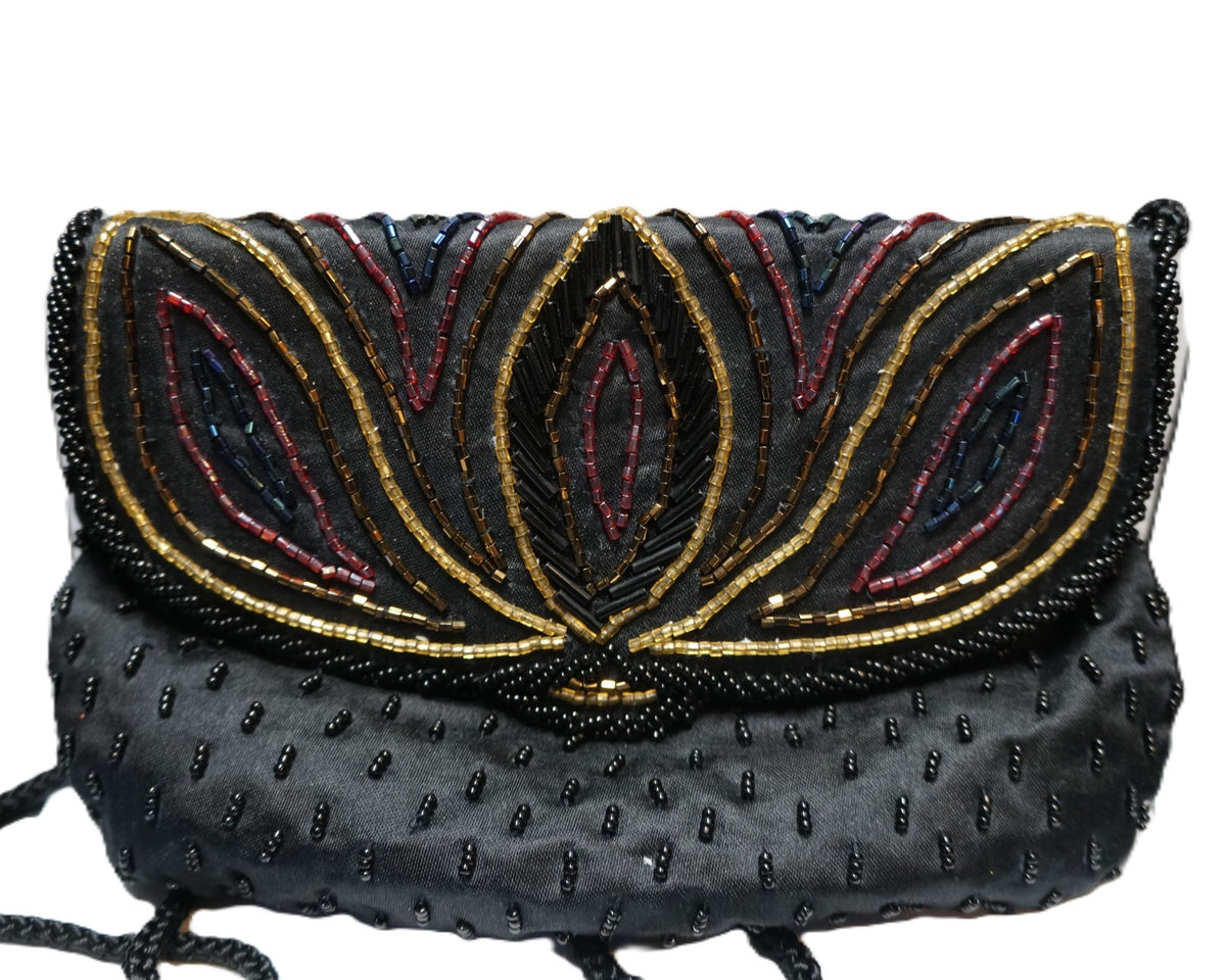 Black Satin Beaded Lotus Flowers Evening Bag Purse