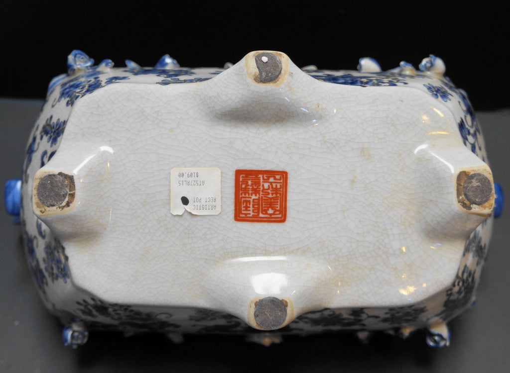 Blue White Rectangle Planter Embossed Flowers Crackle Glaze China