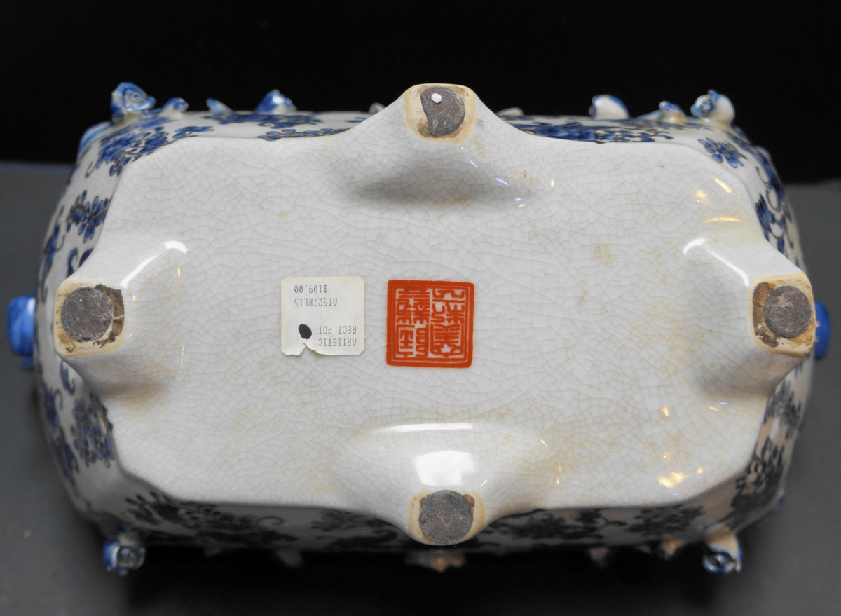 Blue White Rectangle Planter Embossed Flowers Crackle Glaze China