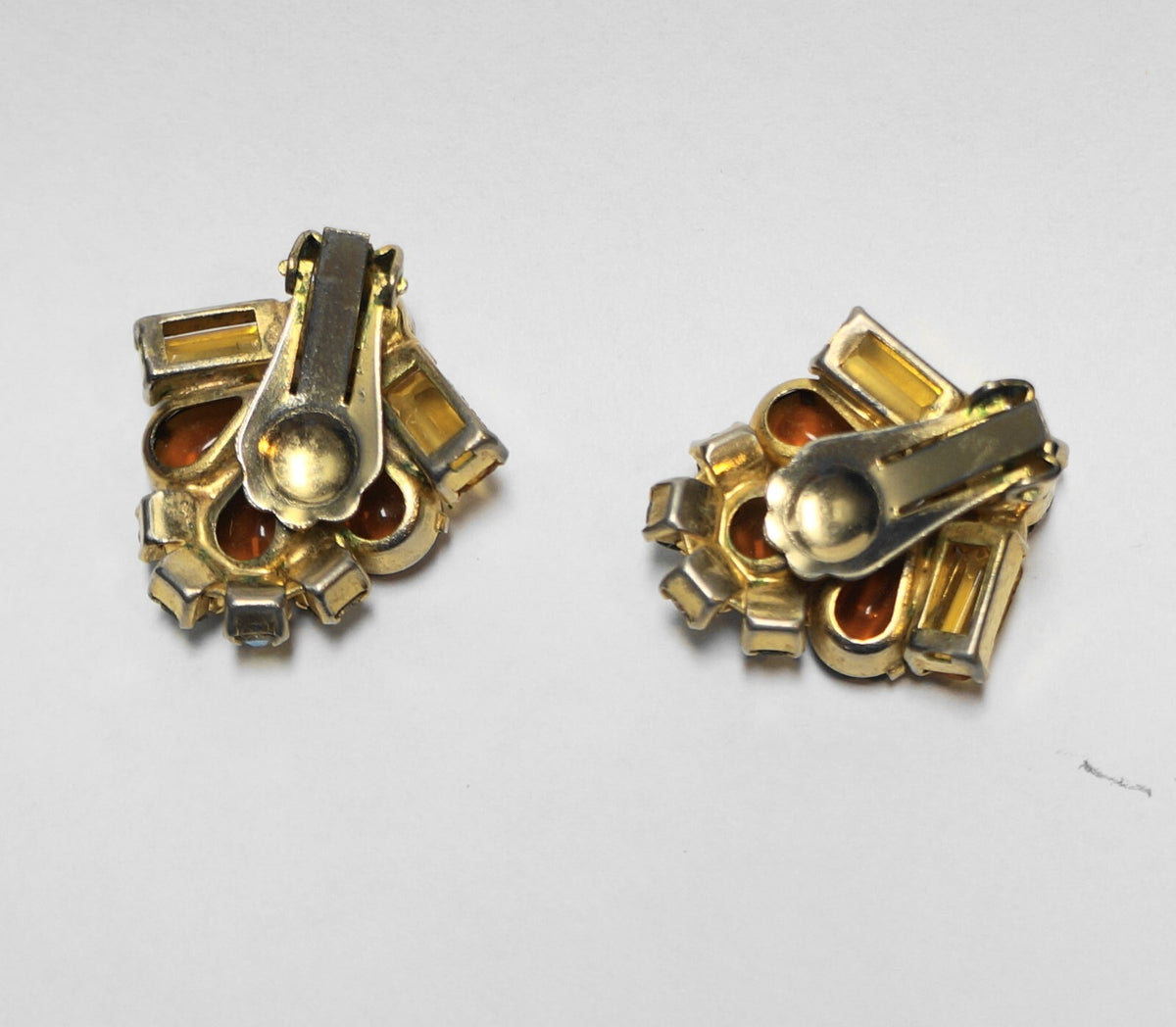 Amber Topaz Aurora Borealis Rhinestone Clip Earrings