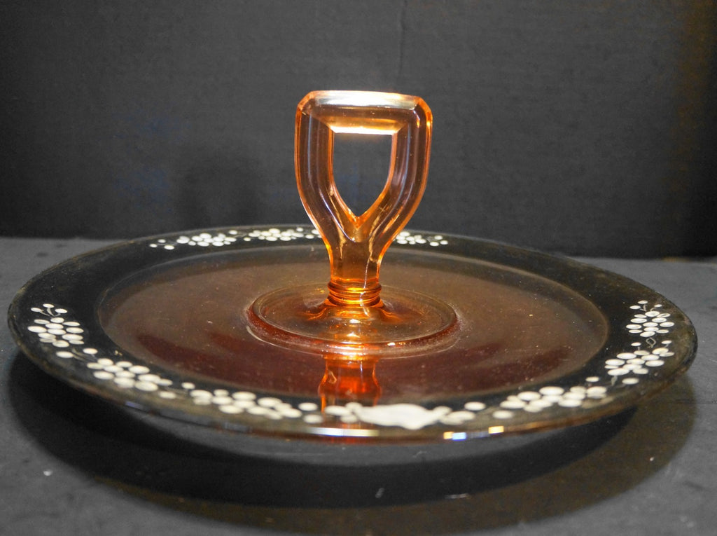 Depression Glass Pink Center Handle Tray Hand Painted Black White Rim