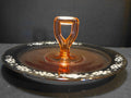 Depression Glass Pink Center Handle Tray Hand Painted Black White Rim