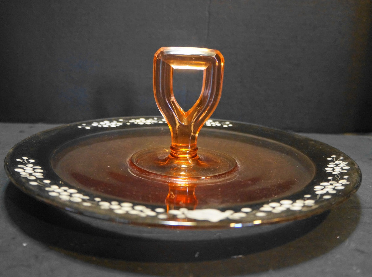 Depression Glass Pink Center Handle Tray Hand Painted Black White Rim