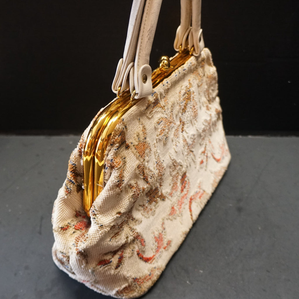 Cream Floral Cut Chenille Carpet Bag Purse 1960s