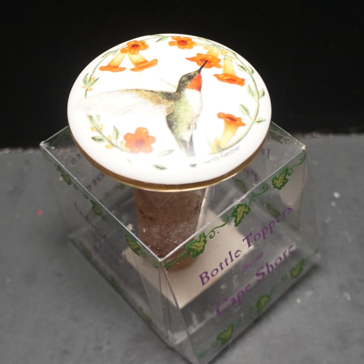 SOLD Nancy Kaestner Hummingbird Art Ceramic Decorative Wine Bottle Stopper Cape Shore